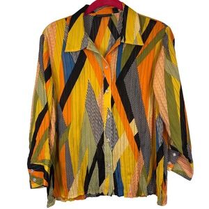 Essentials By Milano Vibrant Geometric Button Down Sheer Shirt Women's Size M